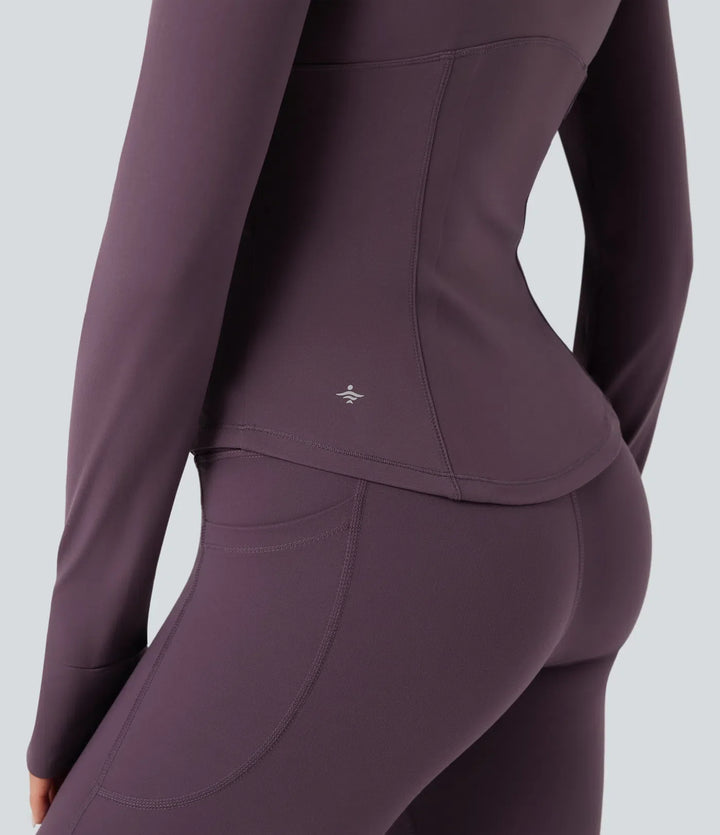 Halara UltraSculpt Mock Neck Ruched Push-Up Long Sleeve Thumb Hole Yoga Jacket with Pockets