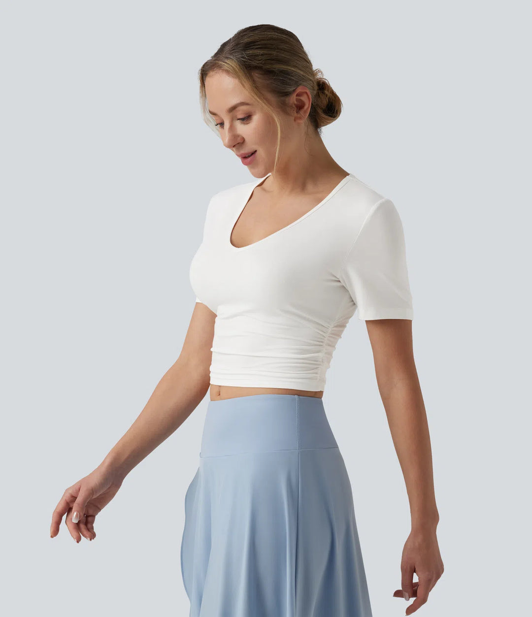 V Neck Short Sleeve Cropped Casual T-Shirt