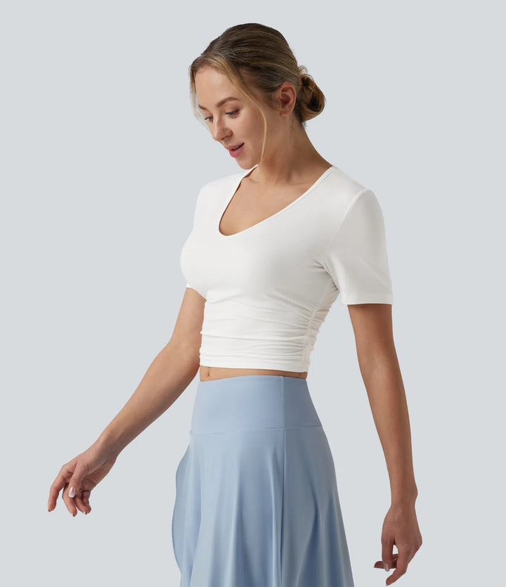 V Neck Short Sleeve Cropped Casual T-Shirt