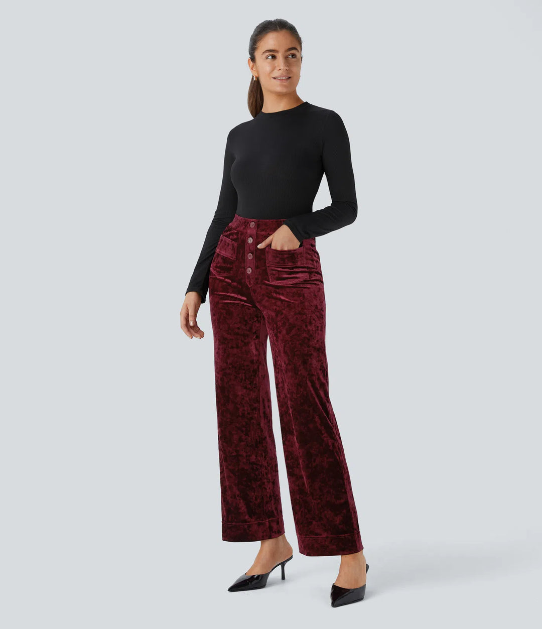 High Waisted Pockets Straight Leg Velvet Casual Trousers