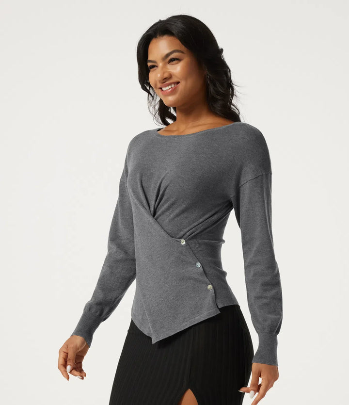 Boat Neck Long Sleeve Asymmetric Casual Jumper