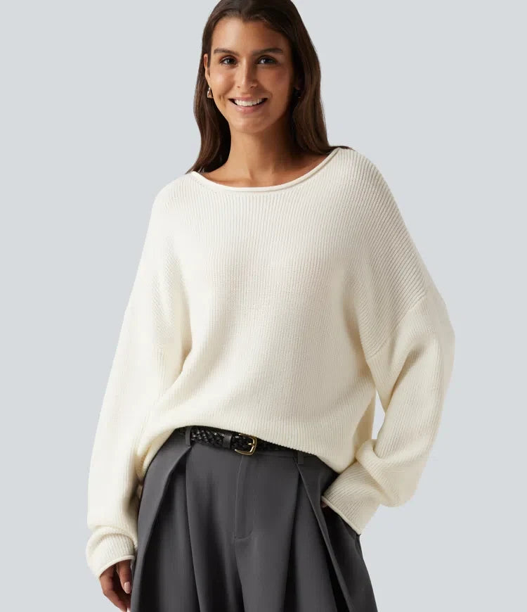 Round Neck Long Sleeve Rolled Hem Work Jumper