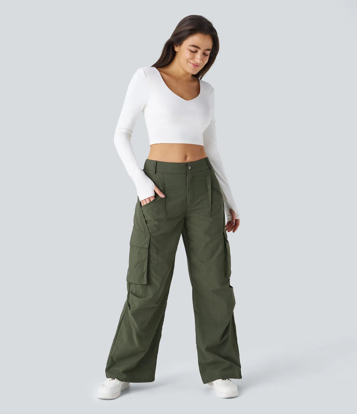 Mid Rise Button Zipper Side Pocket Wide Leg Casual Cargo trousers