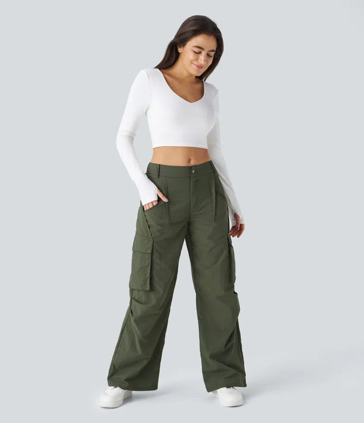 Mid Rise Button Zipper Side Pocket Wide Leg Casual Cargo trousers