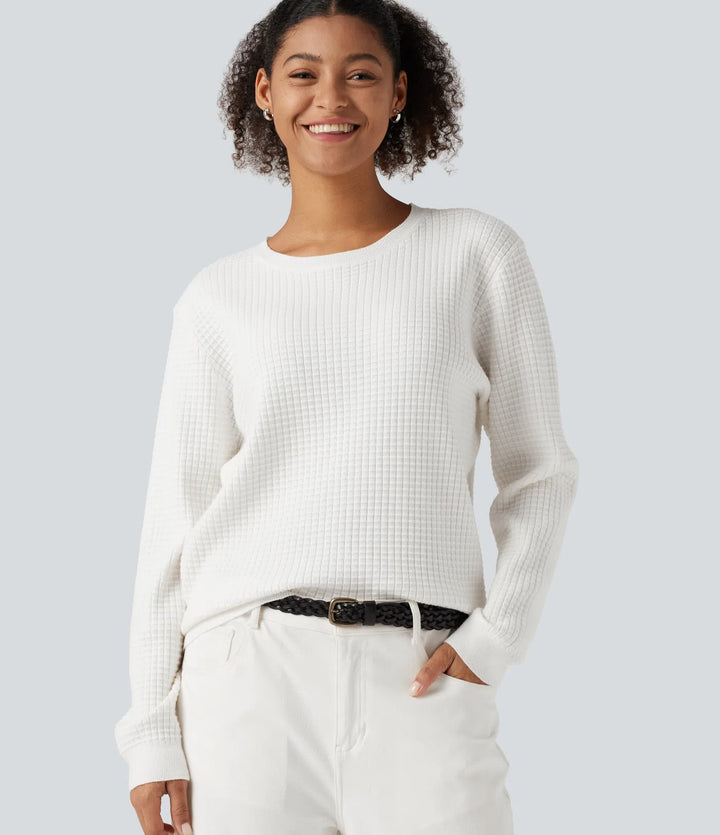 Round Neck Long Sleeve Waffle Casual Jumper
