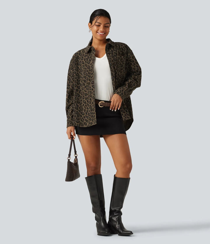 Leopard Print Long Sleeve Corduroy Casual Shirt Jacket with Pocket