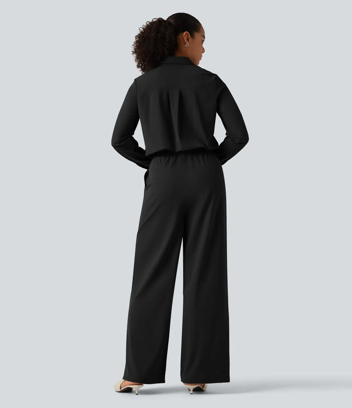 Long Sleeve Straight Leg Work Shirt Jumpsuit with Pockets-Easy Peezy Edition