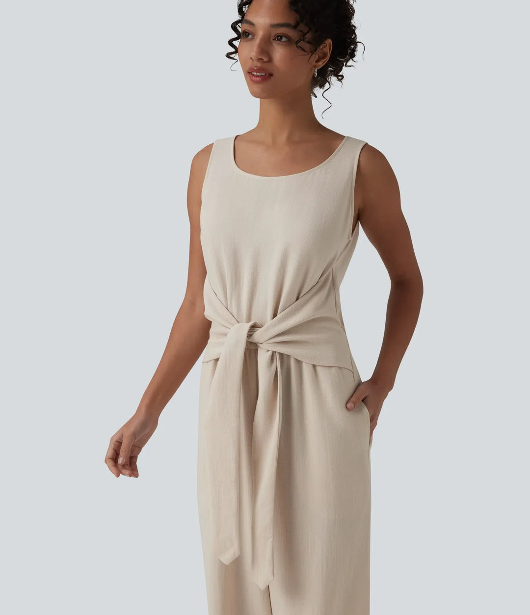 Scoop Neck Sleeveless Tie-front Casual Linen-Feel Jumpsuit with Pockets-Easy Peezy