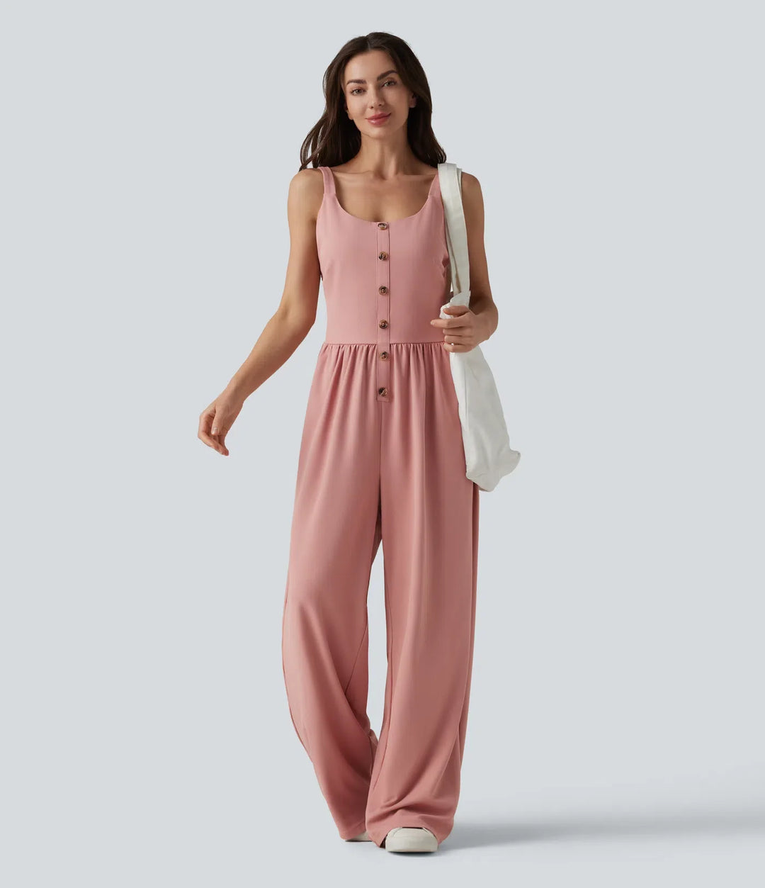 U-Neck Sleeveless Shirred Decorative Buttons Waffle Casual Wide Leg Jumpsuit with Pockets-Easy Peezy