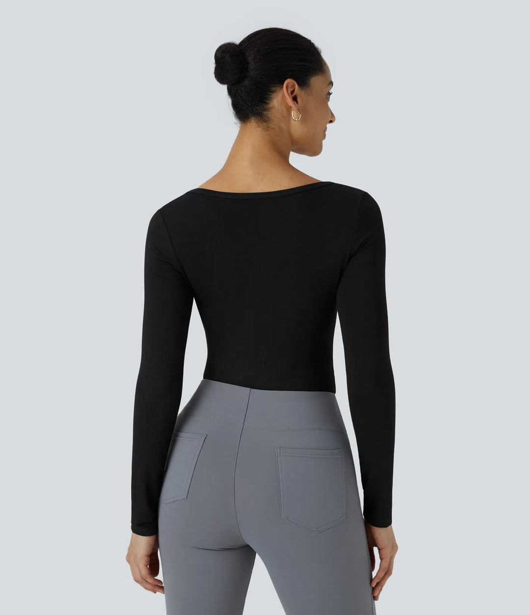 U Neck Long Sleeve Snap Button Skinny Work Bodysuit