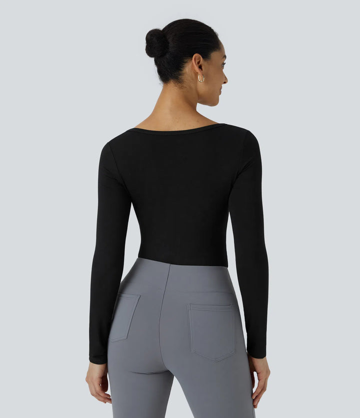 U Neck Long Sleeve Snap Button Skinny Work Bodysuit