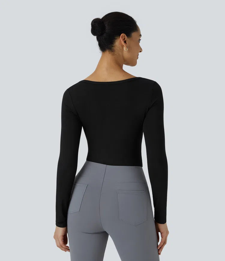 U Neck Long Sleeve Snap Button Skinny Work Bodysuit