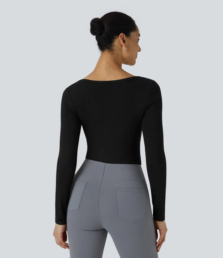 U Neck Long Sleeve Snap Button Skinny Work Bodysuit