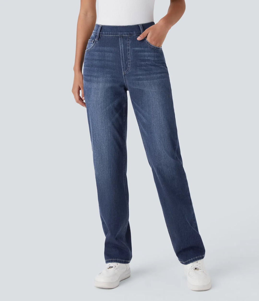 Halara Flex High Waisted Pockets Straight Leg Washed Casual Jeans