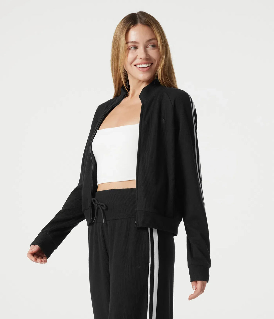 Ribbed Stand Collar Zipper Long Sleeve Color Block Casual Jacket with Pockets