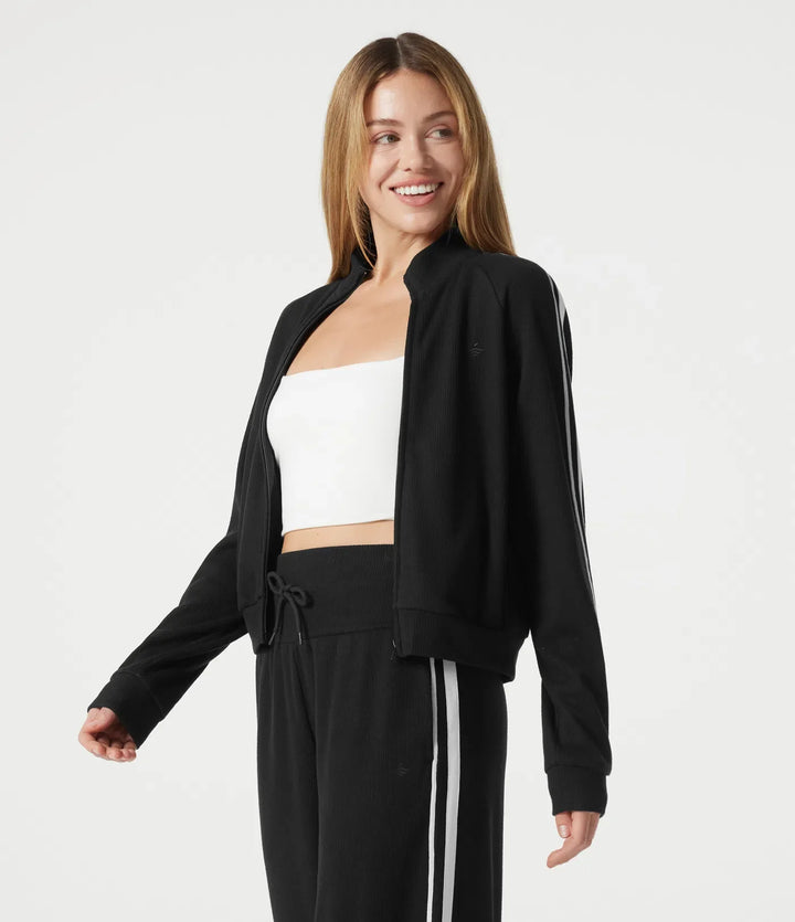 Ribbed Stand Collar Zipper Long Sleeve Color Block Casual Jacket with Pockets