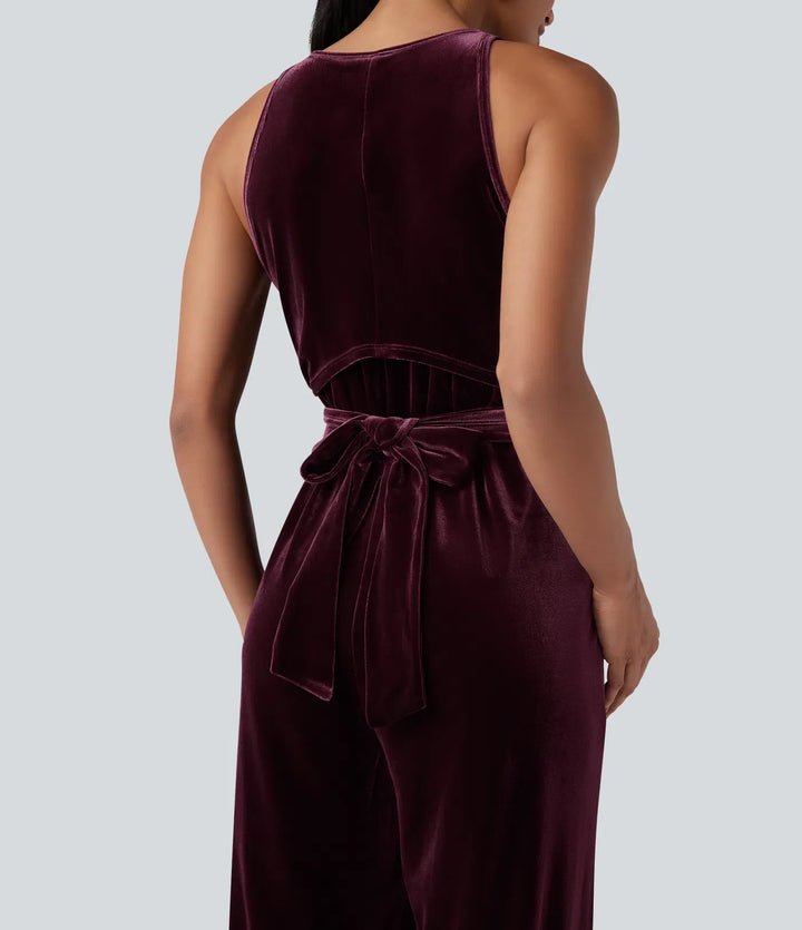 Round Neck Sleeveless Tie Back Velvet Party Jumpsuit with Pockets