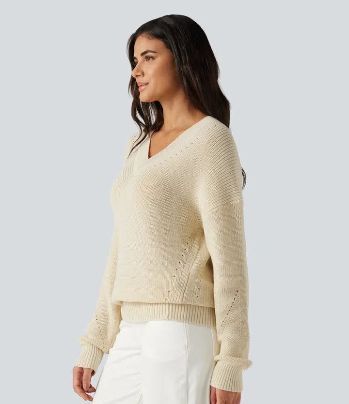 V Neck Dropped Shoulder Long Sleeve Cut Out Casual Jumper