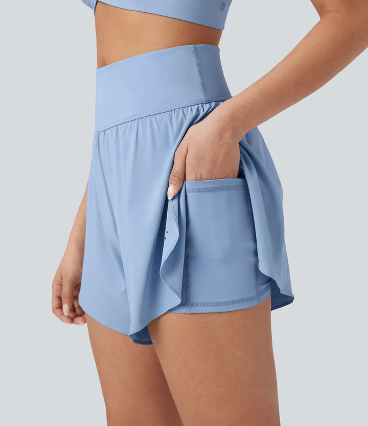 SoftlyZero QuickDry High Waisted Tummy Control Reflective Dots Crossover Hem 2-in-1 Running Shorts 5&