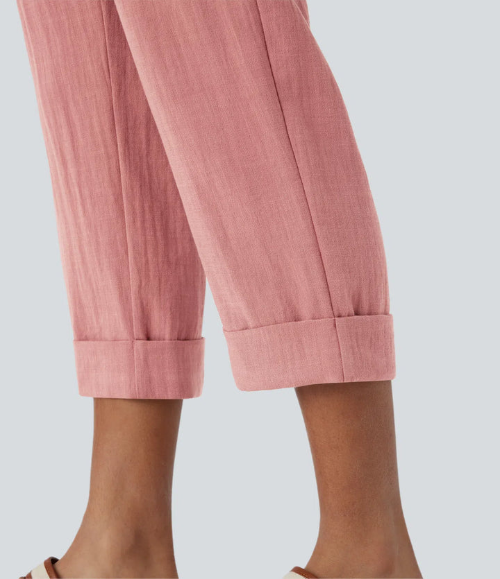 High Waisted Zipper Pocket Cropped Linen-Feel Trousers