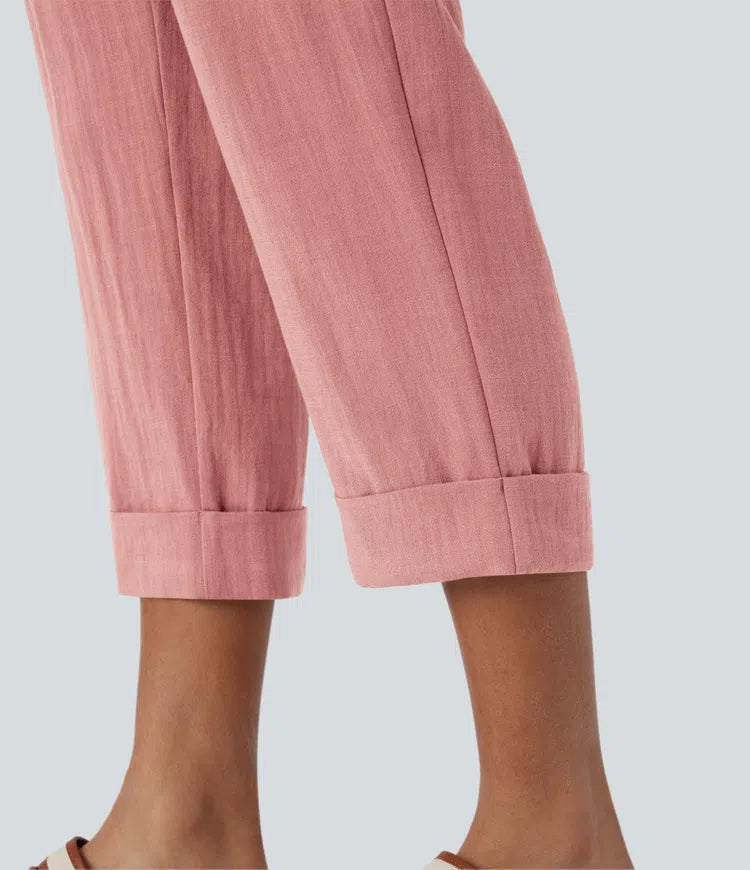 High Waisted Zipper Pocket Cropped Linen-Feel Trousers