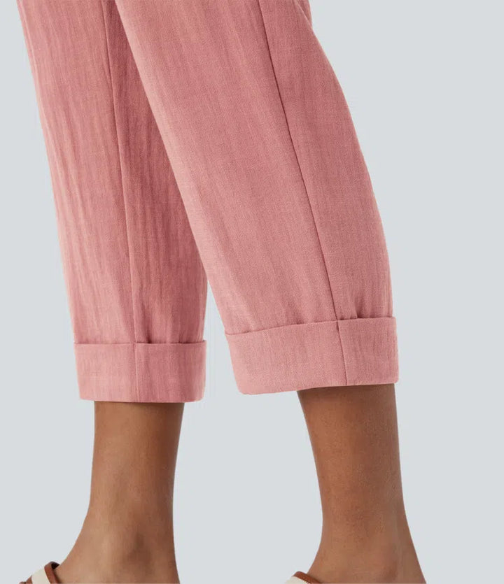 High Waisted Zipper Pocket Cropped Linen-Feel Trousers