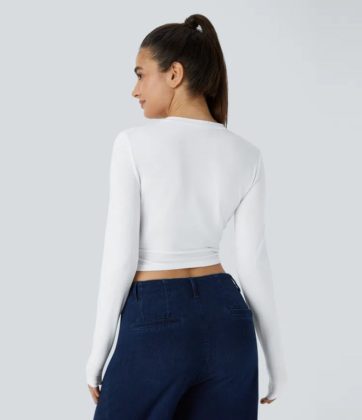 Round Neck Long Sleeve Ruched Skinny Cropped Casual Top