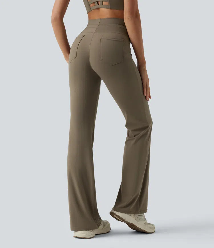 High Waisted Drawstring Plain Flared Yoga Trousers with Pockets