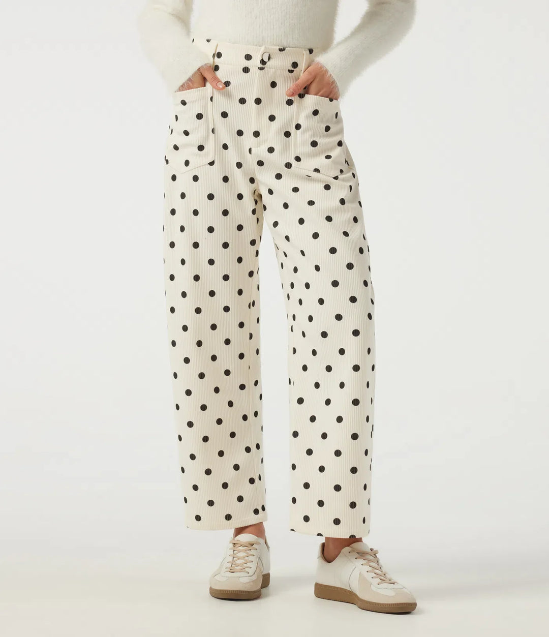 Mid Rise Barrel Leg Polka Dot Corduroy Casual Trousers with Pockets