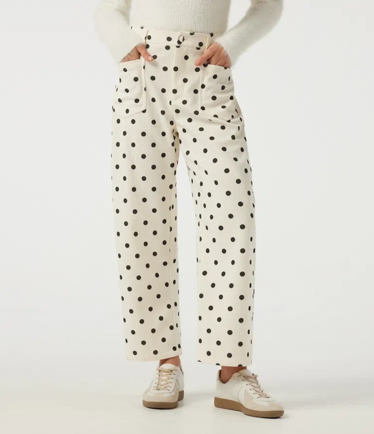 Mid Rise Barrel Leg Polka Dot Corduroy Casual Trousers with Pockets