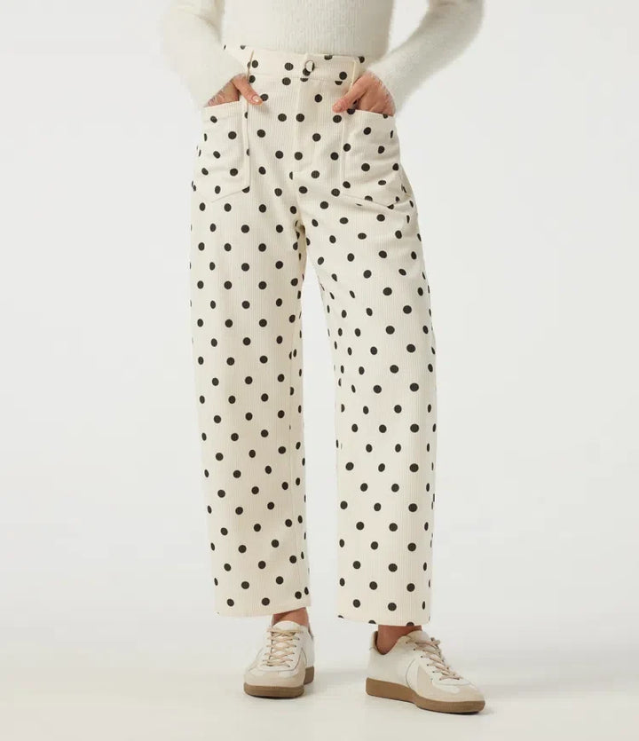 Mid Rise Barrel Leg Polka Dot Corduroy Casual Trousers with Pockets