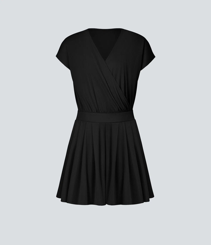 V Neck Short Sleeve Side Pocket Waffle Casual Playsuit