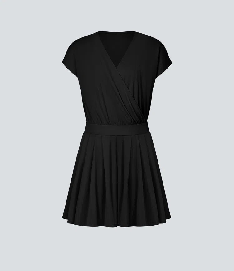 V Neck Short Sleeve Side Pocket Waffle Casual Playsuit