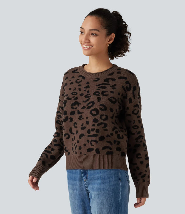 Round Neck Leopard Print Long Sleeve Casual Jumper