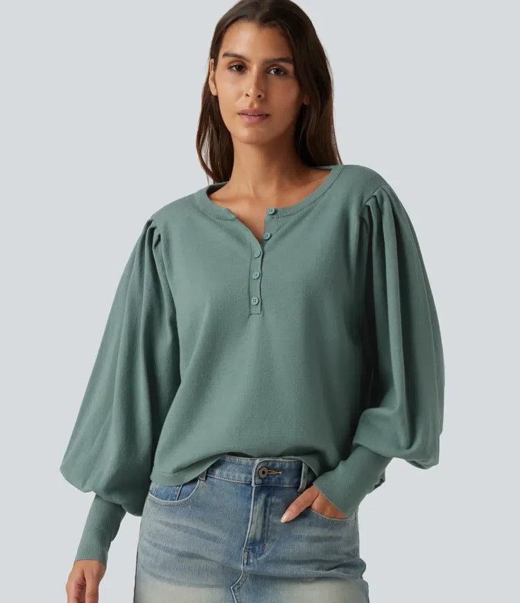 Henley Neck Puff Long Sleeve Relaxed Work Jumper