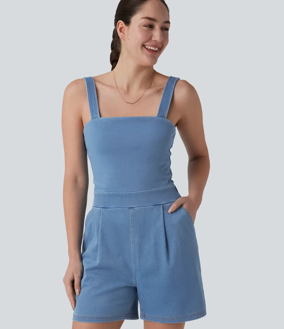 Halara Flex Denim Square Neck Sleeveless Casual Romper with Pockets-Easy Peezy