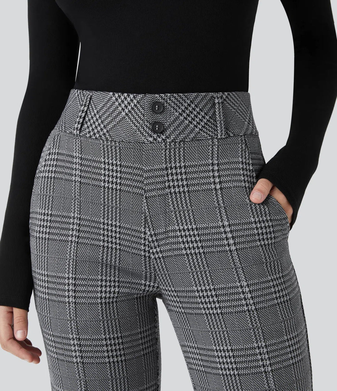 Halara Flex High Waisted Decorative Pocket Houndstooth Plaid Work Flare Trousers