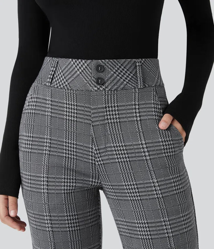 Halara Flex High Waisted Decorative Pocket Houndstooth Plaid Work Flared Trousers