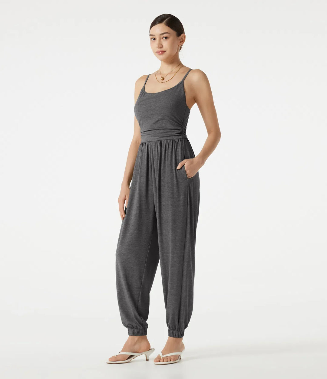 Adjustable Straps Ruched Built-in Bra Heathered Casual Jogger Jumpsuit with Pockets-Easy Peezy