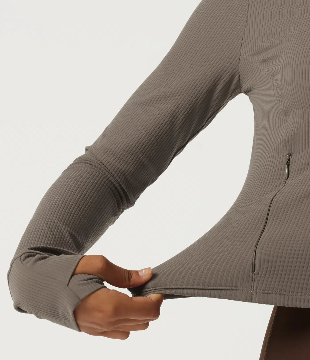 Ribbed Knit Round Neck Long Sleeve Yoga Track Jacket with Pockets and ThumbHoles