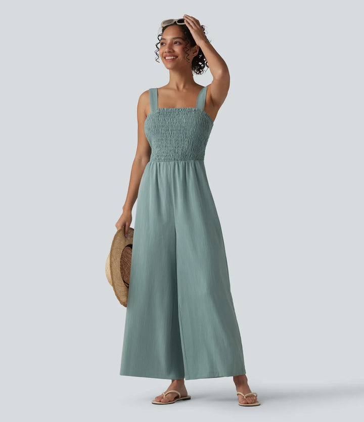 Square Neck Shirred Linen-Feel Jumpsuit-Easy Peezy Edition