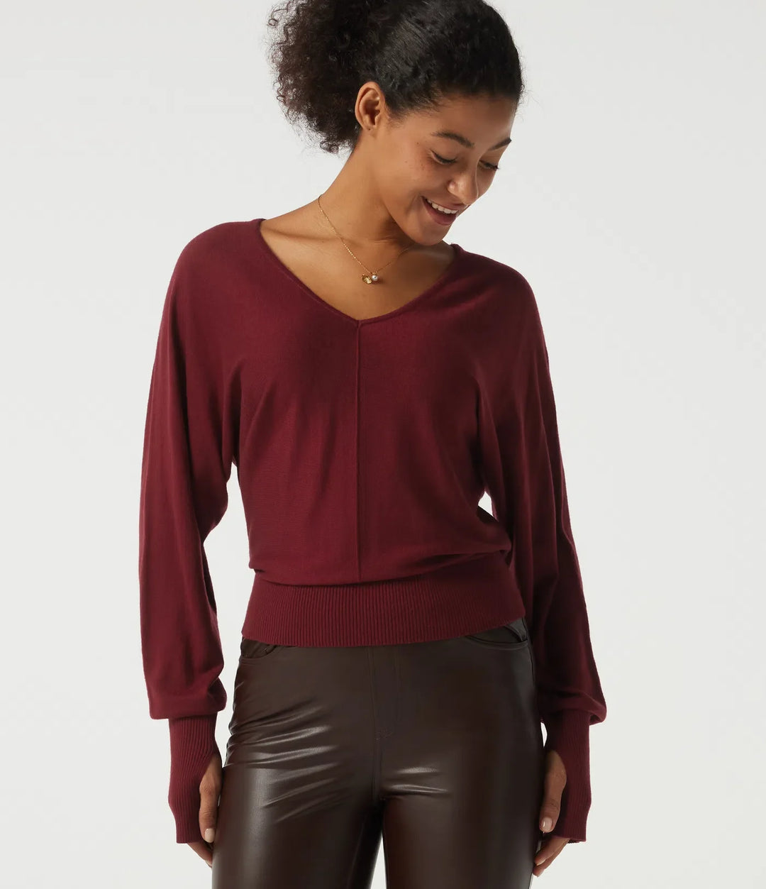 V Neck Batwing Long Sleeve Casual Jumper with Thumbholes