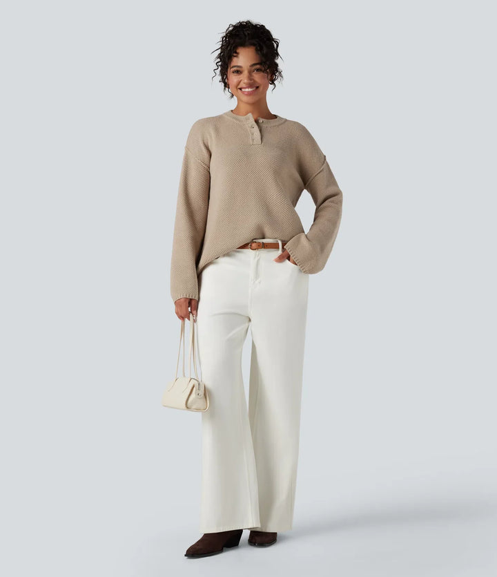 Henley Neck Long Sleeve Waffle Casual Jumper