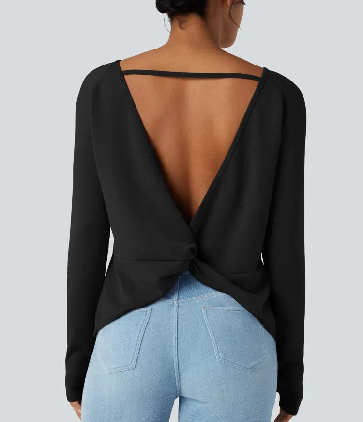 SpacerTek Backless Twisted Long Sleeve Thumb Holes Casual Sweatshirt with Pockets