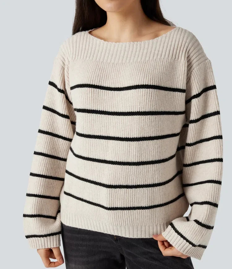 Boat Neck Long Sleeve Stripes Work Jumper