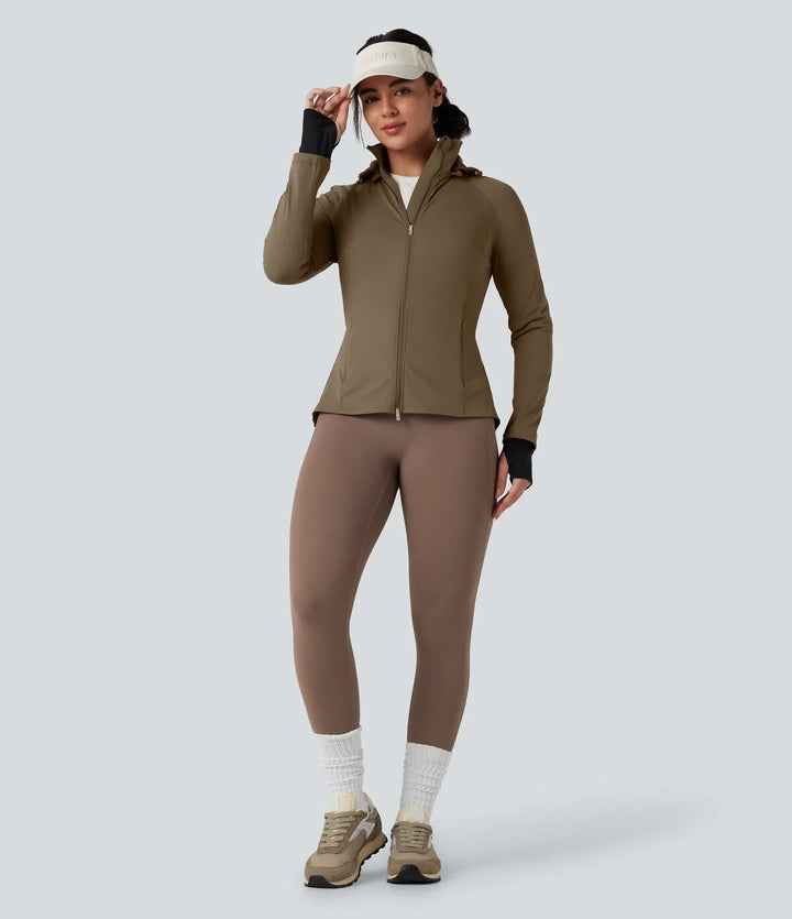 Removable Hood Thumb Holes Drawstring 2-Way Zipper Hiking Jacket with Pockets