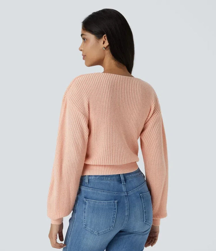 V Neck Dropped Shoulder Long Sleeve Wrapped Relaxed Casual Jumper