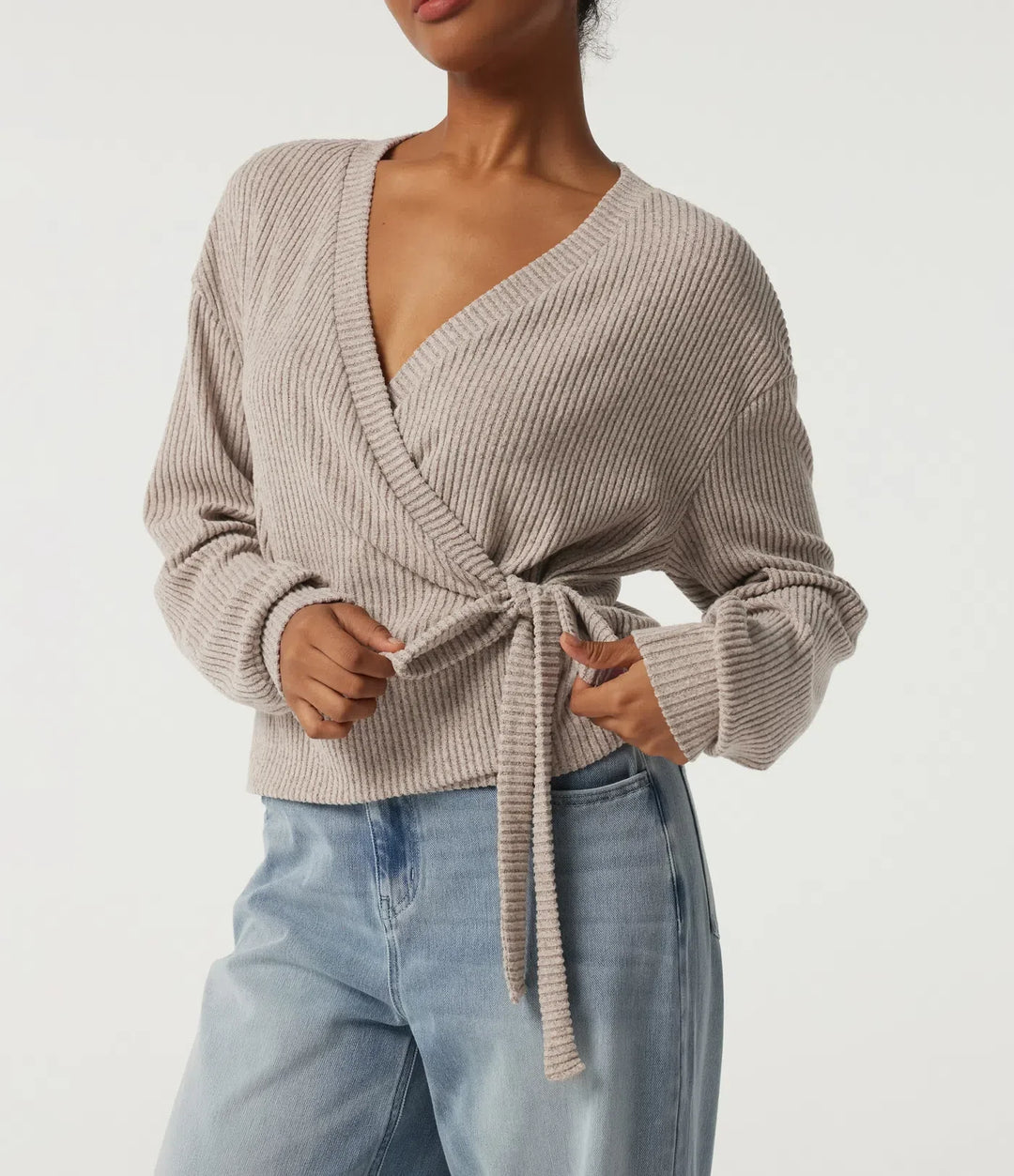 Ribbed Knit V Neck Long Sleeve Tie Side Wrapped Casual Top