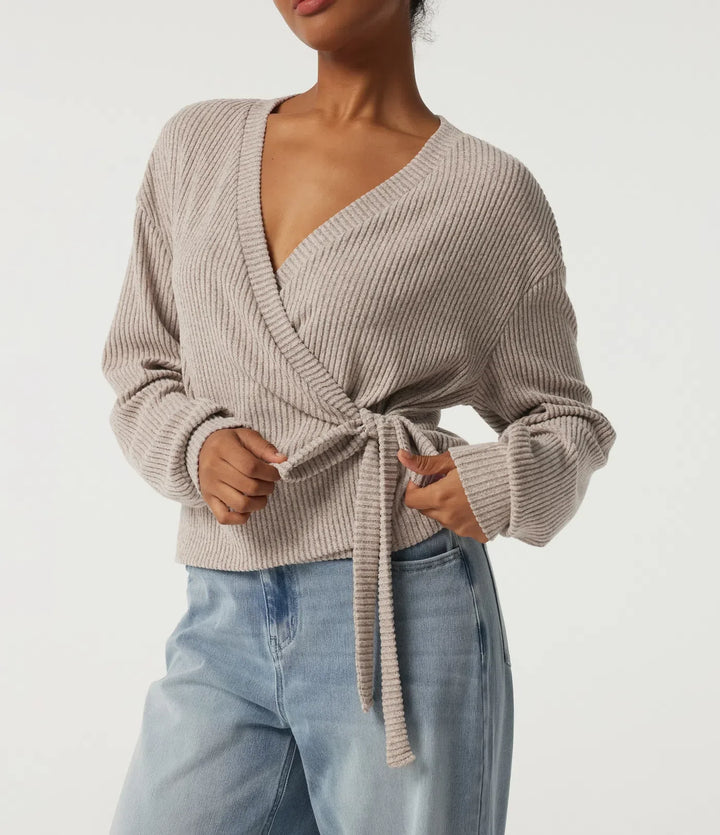 Ribbed Knit V Neck Long Sleeve Tie Side Wrapped Casual Top