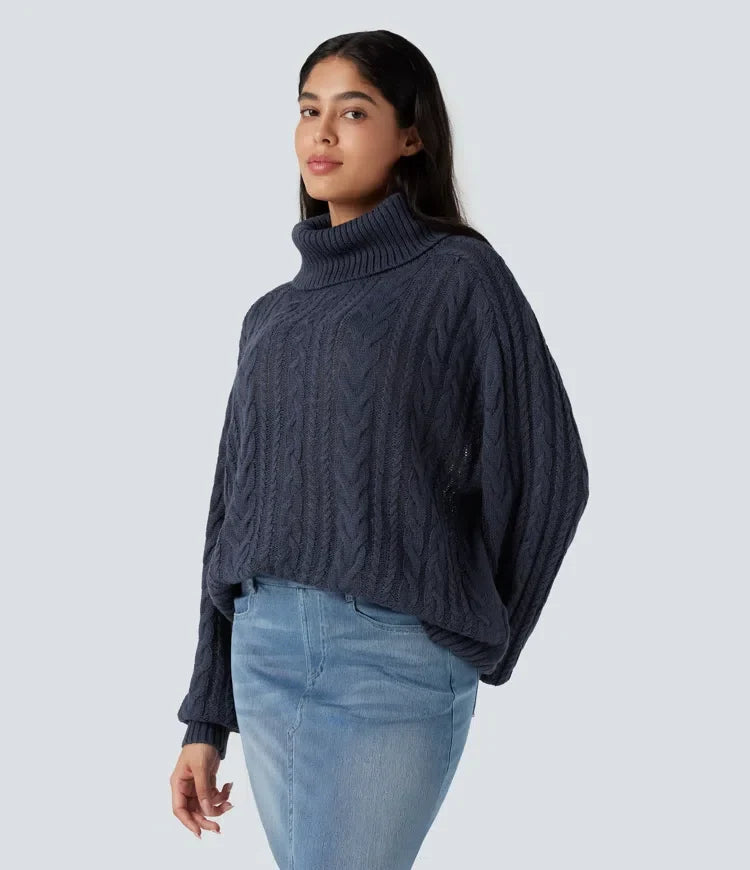 High Neck Long Sleeve Cable Knit Casual Jumper